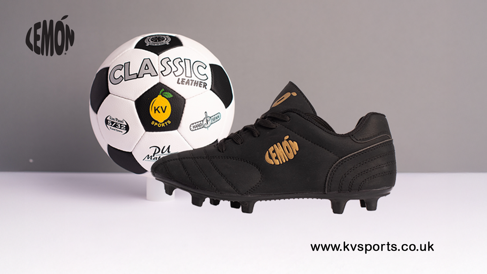 A pair of black Lemon Boots football boots from KV Sports placed beside a black-and-white Classic leather football with the KV Sports logo, shown on a light background.