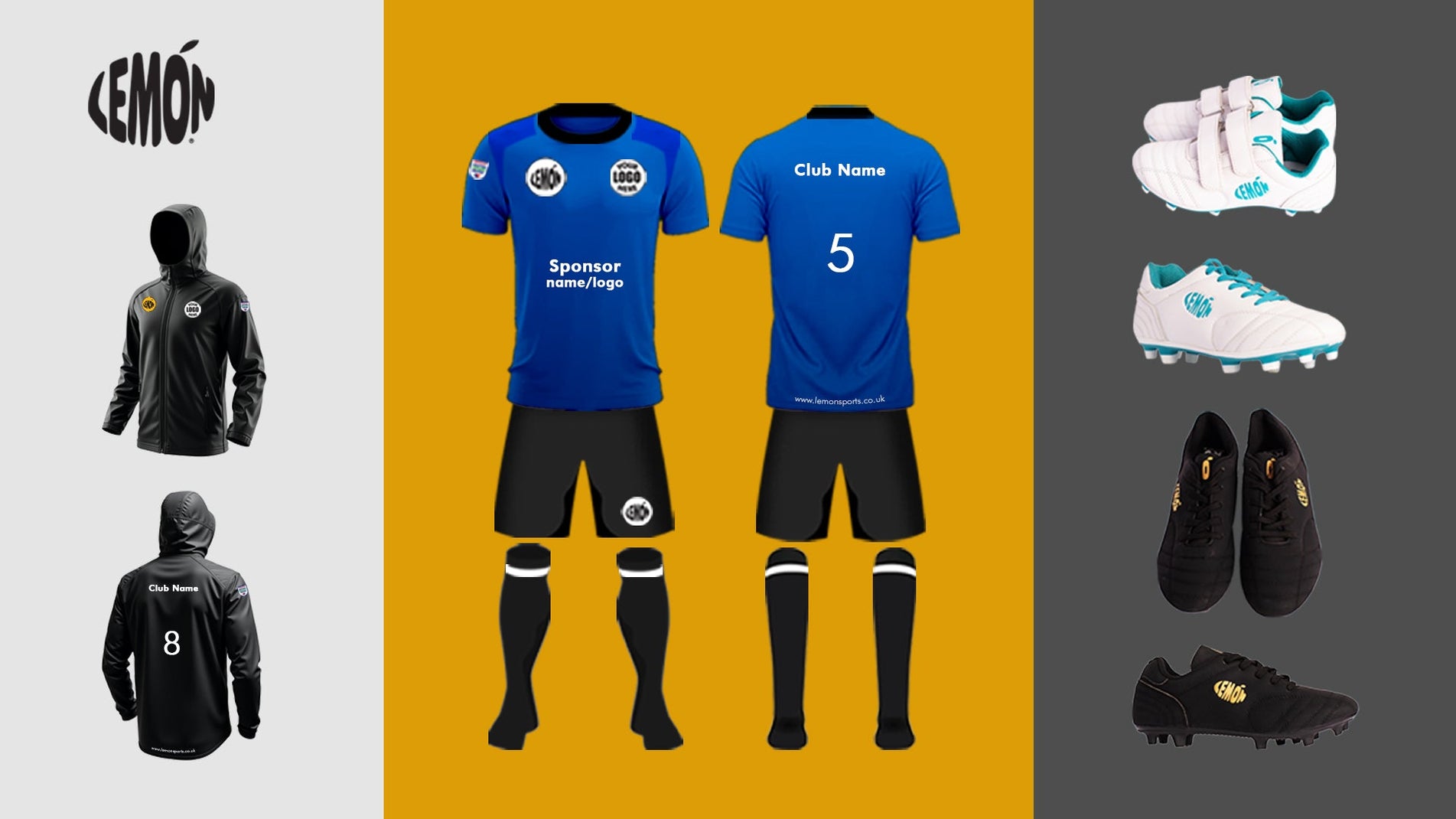 LEMON sportswear collection featuring blue football jersey and shorts set, black training jackets with club customization, and various styles of white and black football boots with LEMON branding.