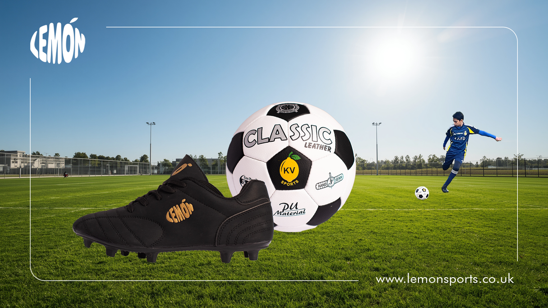 Lemon football boot, ball, and player on a sunny football field.
