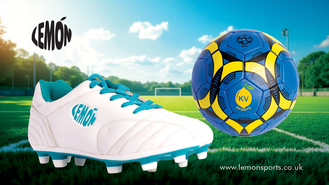 White and teal football boot with matching blue and yellow soccer ball on a green football field under a bright blue sky, Lemón Sports branding